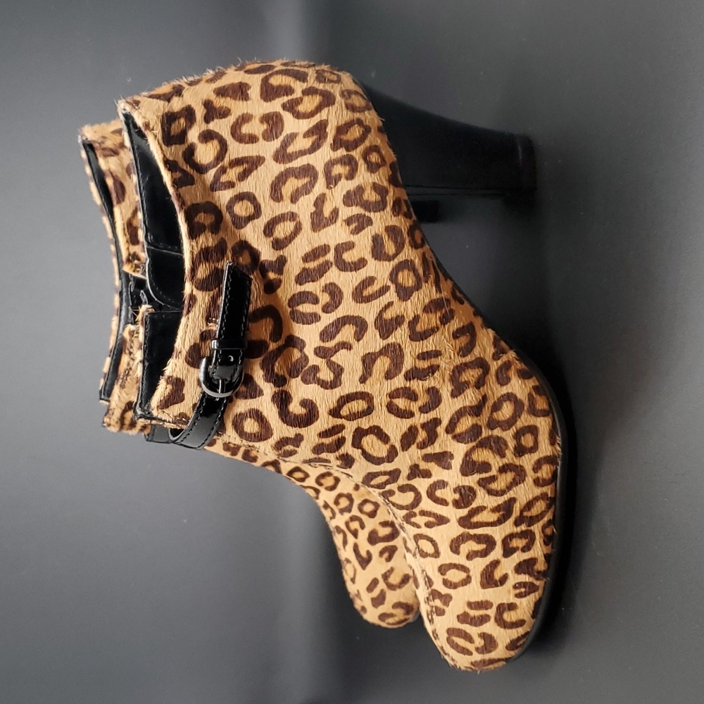 Leopard Print Ankle Booties with Buckle Detail - Brown